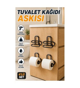 Siyah Yapışkanlı Tuvalet Kağıdı Askısı – Metal Duvar Tipi 4’lü Set