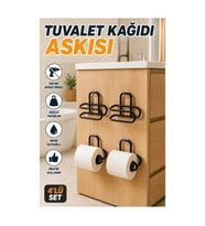 Siyah Yapışkanlı Tuvalet Kağıdı Askısı – Metal Duvar Tipi 4’lü Set