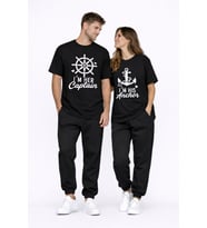 Sevgili Kombini Oversize Çift Tişört Unisex Captain Anchor Baskılı Matching Couple Partner 2'li Set (Siyah)