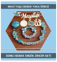 Sahi Aksesuar İsimli Bebek Emzik Seti ve Mavi Taşlı Bebek Yaka İğnesi