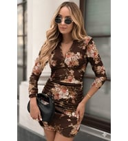 Kadın Uzun Kollu V Yakalı çiçek Desenli Dalgıç Mini Elbise