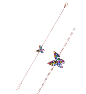 Karışık Renkli Kelebek Model Rose Kaplama Zirkon Taşlı Gümüş Bileklik 201024987