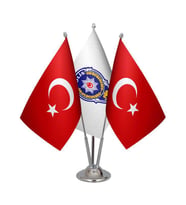 Masa Üstü Polis Logosu Bayrağı Türk Bayrağı Üçlü Krom Direk Masa Bayrak Seti