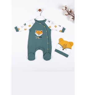Little Fox Desenli % 100 Pamuk Erkek Bebek Tulumu (Yeşil)