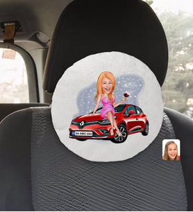 BK Gift Kişiye Özel Plakalı Kadın Renault Clio Karikatürlü Yuvarlak Araç Koltuk Yastığı-1