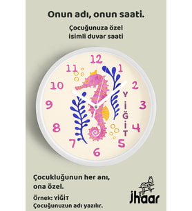 İsme Özel Denizatı Çocuk Odası Duvar Saati Orta Boy 30 cm Beyaz Camlı Sessiz
