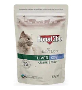 BonaCibo Soslu Ciğerli Pouch Yetişkin Kedi Yaş Maması 85 gr x 12 Adet