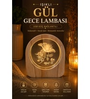 Ahşap Tabanlı Gül Desenli Işıklı Gece Lambası USB Bağlantılı Dekoratif Masa Lambası Hediyelik Romantik Aydınlatma