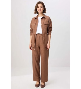 Kadın Büyük Beden Gömlek Pantolon Takımı %100 Polyester Keten Dokulu Uzun Kollu Rahat Kesim Günlük
