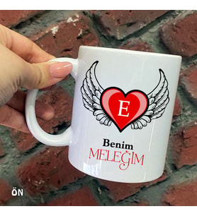 Size Özel Benim Meleğim Kanatlı Kalp E Harfli Seramik Baskılı Kupa Bardaklar