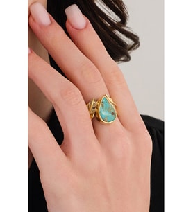 14 K Gold Kaplama 925 Ayar Gümüş Doğal Turkuaz Antik Tasarım Yaprak Yüzük
