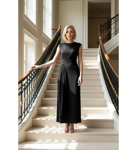 Kadın Kolsuz Bisiklet Yaka Vücuda Oturan Maxi Elbise Büzgülü Drape Detaylı Uzun Gece Abiye Günlük