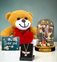 Kişiye Özel Led Işıklı Fanus & Renkli Anka Kuşu Kolye & Kalpli Peluş Ayıcık Seti (Model 10)