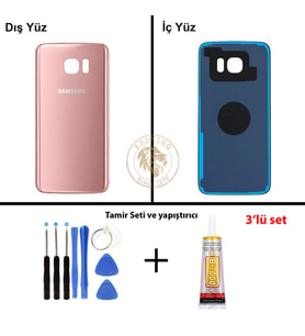 Samsung Galaxy S7 Edge Rose Gold Renk Arka Kapak + Tamir Seti + B7000 Yapıştırıcı Arka Cam Batarya Kapağı Pil Kapağı Lazer Kesim Back Cover Galaxy S7 Edge Uyumlu