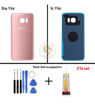 Samsung Galaxy S7 Edge Rose Gold Renk Arka Kapak + Tamir Seti + B7000 Yapıştırıcı Arka Cam Batarya Kapağı Pil Kapağı Lazer Kesim Back Cover Galaxy S7 Edge Uyumlu