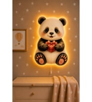 Ahşap Sevimli Panda Pilli Ledli Gece Lambası Yıldız Hediyeli Bebek Çocuk Odası