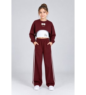 Bordo Kız Çocuk Crop Badili Zincir Detaylı Geniş Paça 3lü Takım 25002