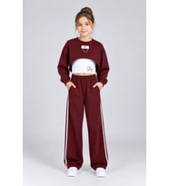 Bordo Kız Çocuk Crop Badili Zincir Detaylı Geniş Paça 3lü Takım 25002