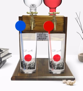 BK Gift Kişiye Özel Renkli Baskılı Japan Tasarımlı İkili Vodka Bardağı ve Çift Musluklu Doğal Ahşap Vodka Standı-1 (Model 1)