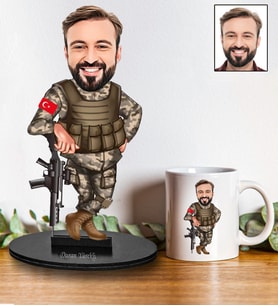Kişiye Özel Asker Tasarımlı Karikatür Biblo Ve Kupa Hediye Seti 88
