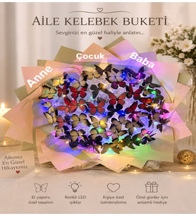 Sevgiliye ve Aileye Özel Premium Çift Kelebekli LED Işıklı Buket – 100 Kelebekli Kişiye Özel Hediye