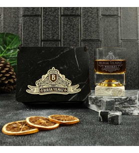 Ahşap Kutulu Retro Tasarımlı Kişiye Özel Taşlı Viski Kadehi Seti