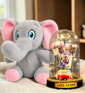 Kişiye Özel 3 Fotoğraflı Yazılı LED Işıklı Fanus ve Sevimli Peluş Fil Hediye Seti (vosvoslu)