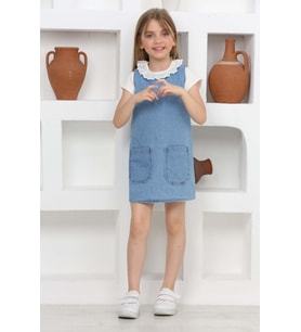 Kız Çocuk 2'li Jean Elbise (Çift Cepli Jean Elbise+Bluz)12203 EFTELYA (Mavi)