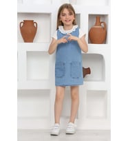 Kız Çocuk 2'li Jean Elbise (Çift Cepli Jean Elbise+Bluz)12203 EFTELYA (Mavi)