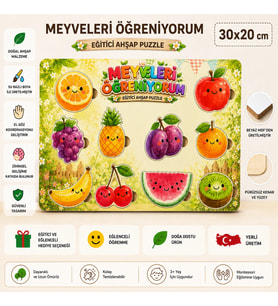 Meyveleri Öğreniyorum Ahşap Puzzle - Eğitici ve Öğretici Montessori Zeka Oyunu (30x20 cm)
