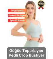 Göğüs Toparlayıcı Sarkma Önleyen Gündelik Spor Kullanım İnce İp Askılı Pedli Çizgili Crop Büstiyer (Mint)