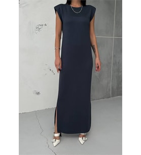 Neşeli butik kadın vatkalı yırtmaç detaylı modal elbise NBG010 (Antrasit)