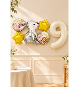 8 Yaş Gümüş Tavşan Folyo Balonlu 5li Set ve Rakam Balon Safari Tema Balon Seti Set41