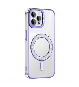 iPhone 12 Kılıf Pırlanta Taş Tasarımlı M-safe Şarj Özellikli Karetta Silikon Kılıf (Mor)