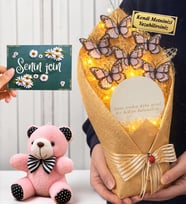 Kişiye Özel Led Işıklı Aynalı Kelebek Buketi & Pembe Peluş Ayıcıklı (Beyaz)
