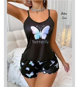 Intive Siyah Şirin Fil/Kelebek Desenli Şortlu Büstiyer Takım-Pijama Takımı