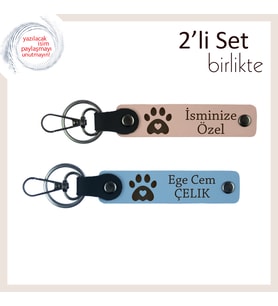 Kedi İsimli Kişisel Anahtarlık, Kalpli Pati Temalı 2'li Deri Hediyelik Set, Yavru Ağzı-Gök Mavi