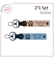 Kedi İsimli Kişisel Anahtarlık, Kalpli Pati Temalı 2'li Deri Hediyelik Set, Yavru Ağzı-Gök Mavi