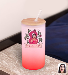 BK Gift Kadınlar Gününe Özel Karikatürlü Kırmızı Renk Pipetli Buzlu Cam Bardak 600ml - 5, 8 Mart Kadınlar Günü