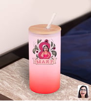 BK Gift Kadınlar Gününe Özel Karikatürlü Kırmızı Renk Pipetli Buzlu Cam Bardak 600ml - 5, 8 Mart Kadınlar Günü