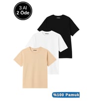 Erkek 3'lü Paket Siyah-Beyaz-Bej %100 Pamuk Oversize Tişört Basic Bisiklet Yaka Kısa Kollu T-Shirt