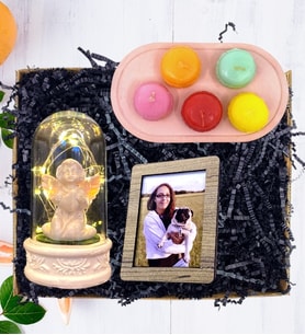 Kişiye Özel Fotoğraflı Hediye Seti / Beyaz Melekli Işıklı Fanus & Makaron Mum