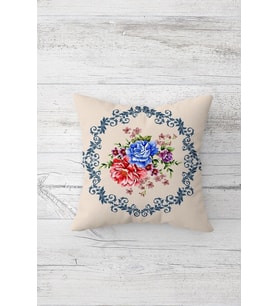 Vintage Çemberde Renkli Gül Buketi Çift Taraflı Gizli Fermuarlı Yastık Kırlent Koltuk Yastık Kılıfı (Krem)