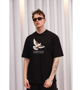 Erkek Kısa Kol Yazlık Tişört Bisiklet Yaka Baskılı Oversize T-Shirt - Siyah