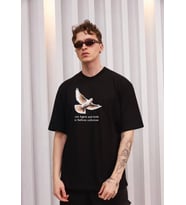 Erkek Kısa Kol Yazlık Tişört Bisiklet Yaka Baskılı Oversize T-Shirt - Siyah