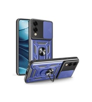 Teknomoda Samsung Galaxy S25 Edge Kılıf Yüzüklü Standlı Sürgülü Kamera Korumalı Tank Sert Silikon Kapak (Lacivert)