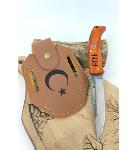 İsme Özel Kamp Outdoor Bıçak Ay Yıldız İşlemeli Deri Kılıf