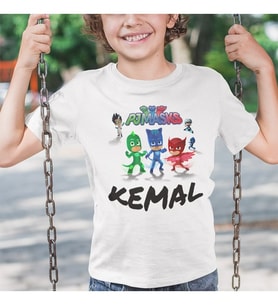 İsme Özel Pijamaskeliler Karakterleri Logolu Beyaz Tişört Kısa Kollu Unisex