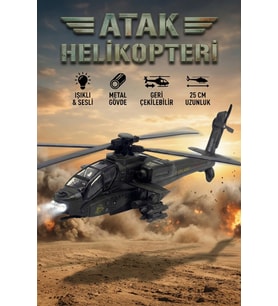 Metal Işıklı ve Sesli Atak Savaş Helikopteri 25 Cm Çek Bırak Oyuncak Askeri Model - Siyah