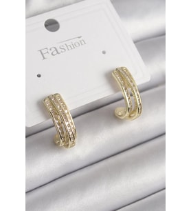 Pirinç Gold Renk Zirkon Taşlı Yarım Halka Model Kadın Küpe - TJ-BKP9977